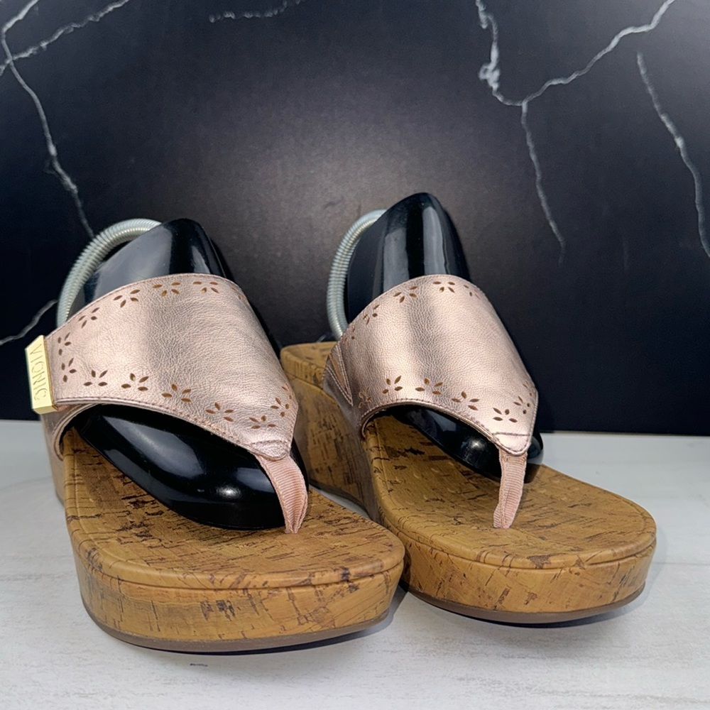 Vionic Rose Gold Cork Wedge Thong Sandals